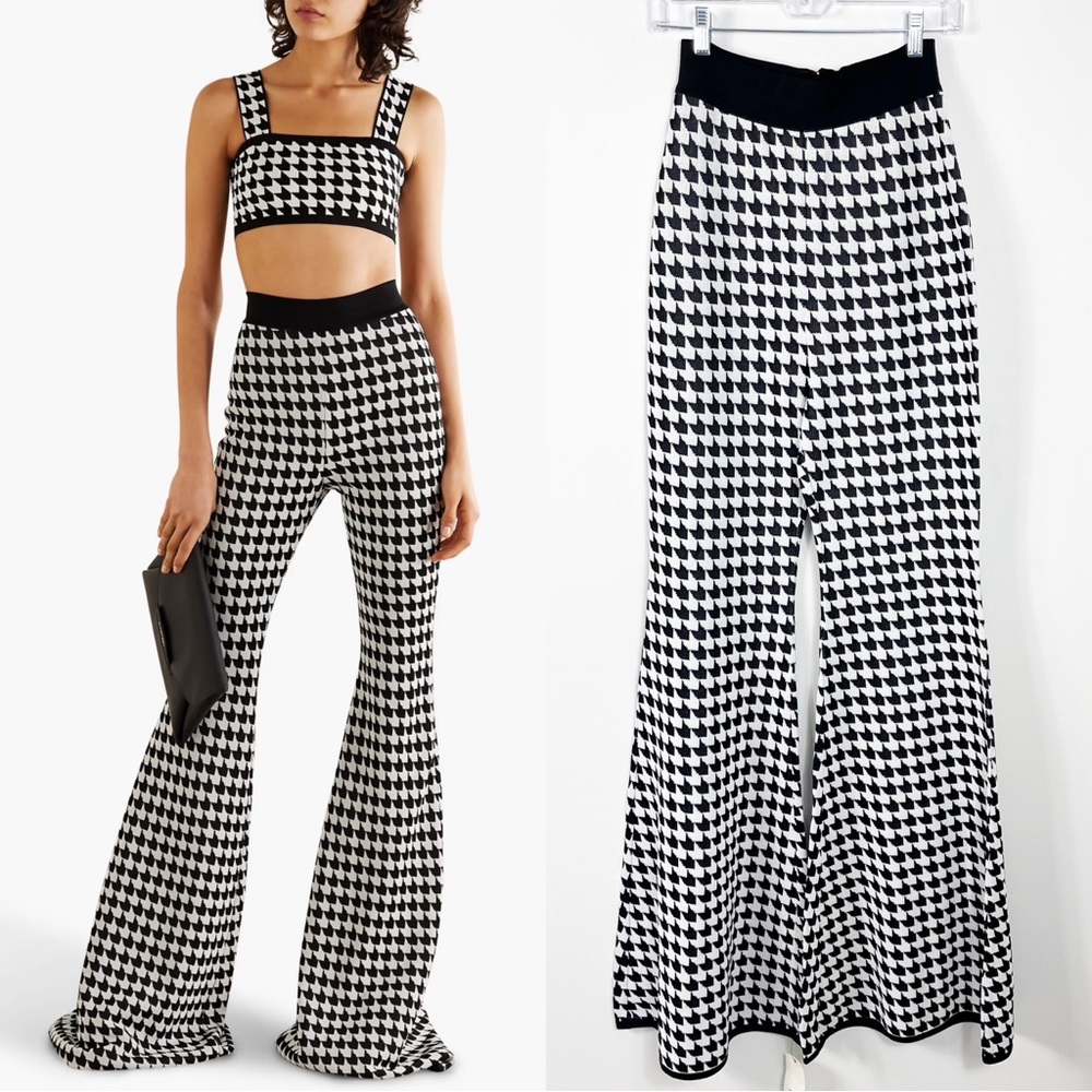 Balmain Paris Houndstooth Stretch Knit Flared Pants Size 12 NWT Black White